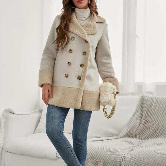 - New faux Sherpa lined jacket suede double breasted jacket - Picture 4 of 6